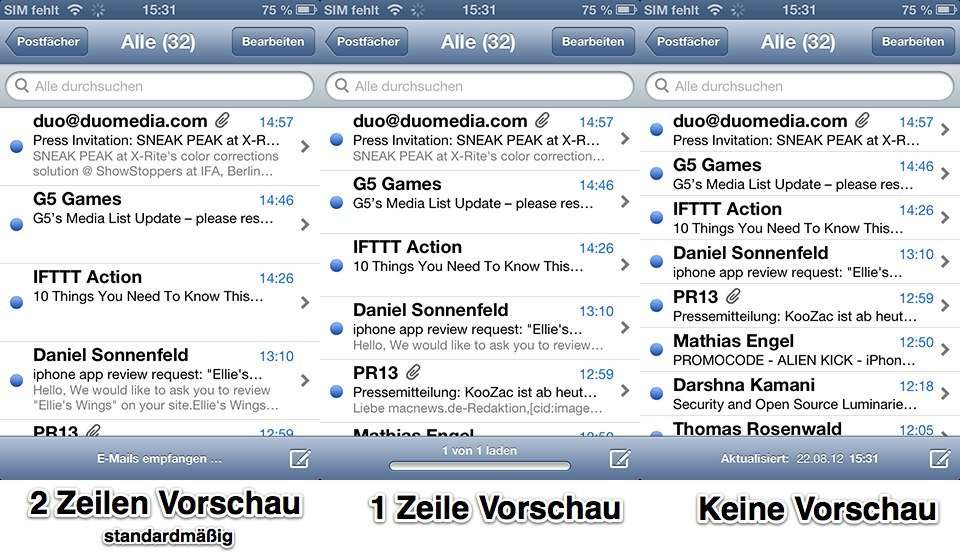 iOS Kurztipp: Mehr E-Mails gleichzeitig in der Mail-App darstellen